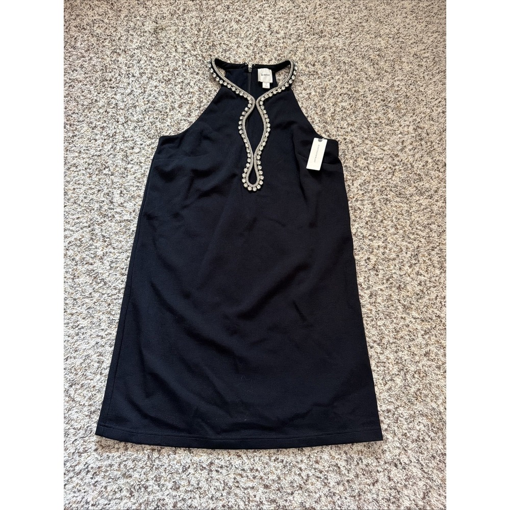 ANTHROPOLOGIE Maeve New Rhinestone Cutout Textured Black Mini Dress Sz S Lined